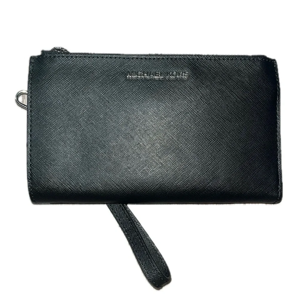 Michael Kors Black Leather Jet Set Double Zip Wallet Wristlet Silver-Tone Accent